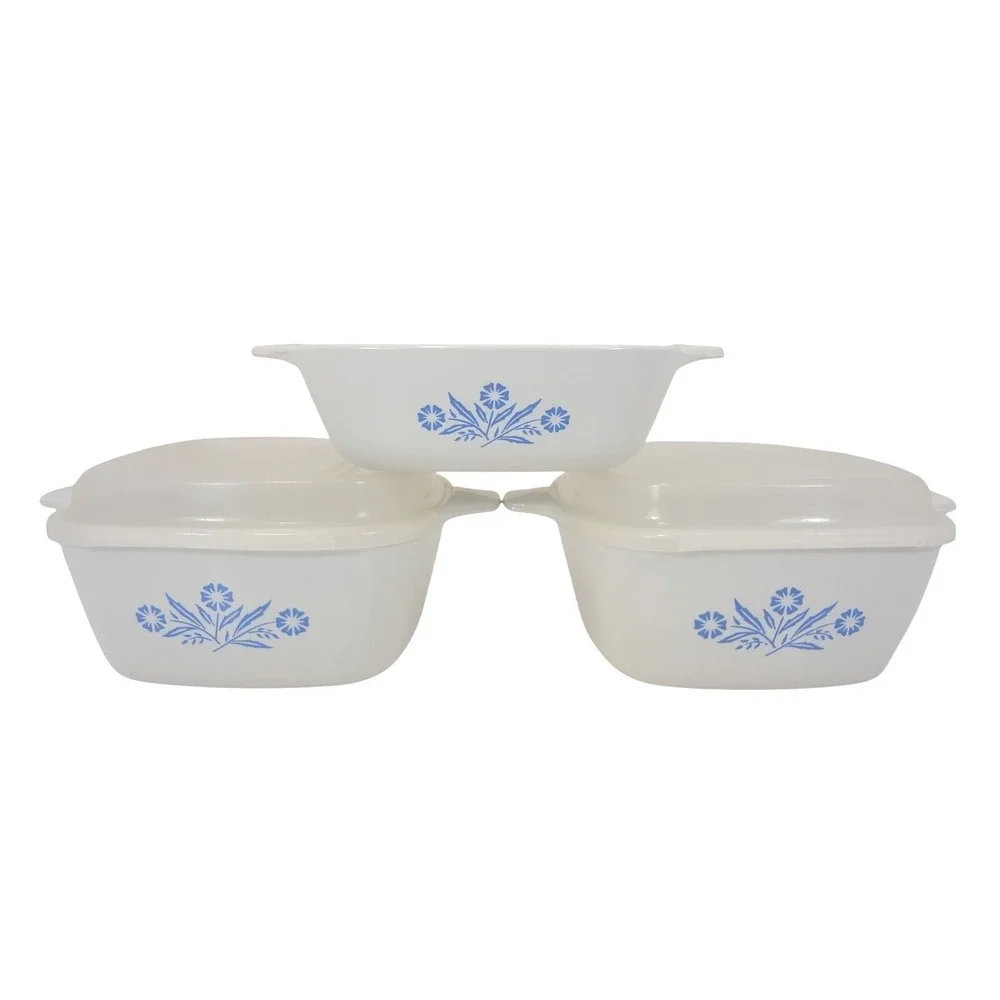 Vintage Corning Ware 5pc Cornflower Petit 3 Casserole Dishes 2 lids Excellent
